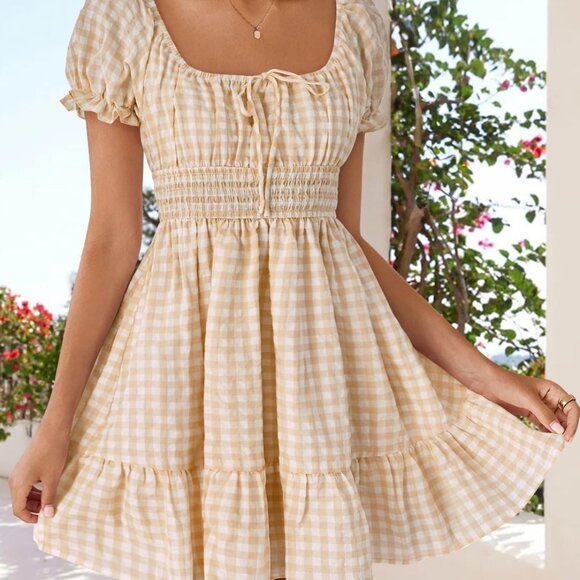 Women's Boho Mini Dress Viscose Polyester Squared Neck Ruffle Swing - Picture 3 of 8